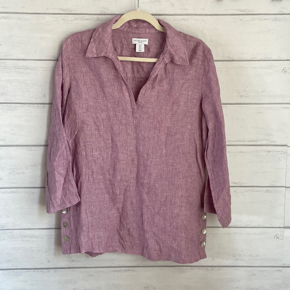 Antibes Blanc purple split neck Linen tunic Top